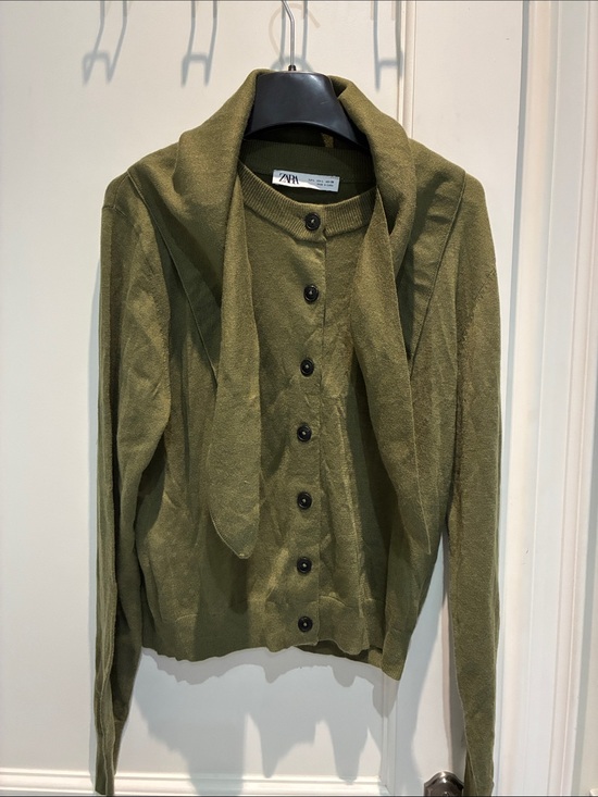 Zara Sweaters - Zara Olive Knit Button-Up Wool Blend Cardigan with Attached Scarf 👵MT